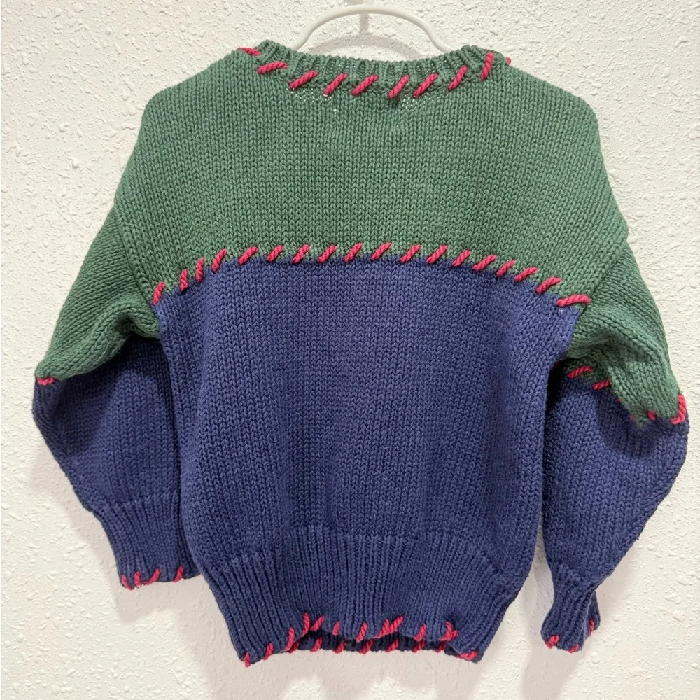 Kids ramie & cotton vintage‎ Color block Flag Knit Sweater - Green & Navy 4T